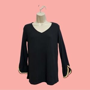 French Kyss V-Neck Lightweight Ribbed Knit Sweater Black with Color Trim Size S